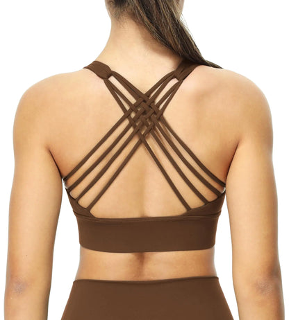 icyzone Sports Bras for Women - Activewear Strappy Padded Workout Yoga Tops Bra (Chestnut Brown XL)