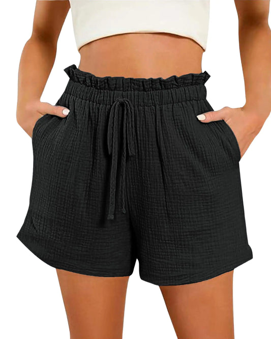 Bsubseach Shorts for Women Cotton Wide Leg Shorts Drawstring High Waisted Shorts with Pocket Summer Casual Ruffle Shorts Black XL