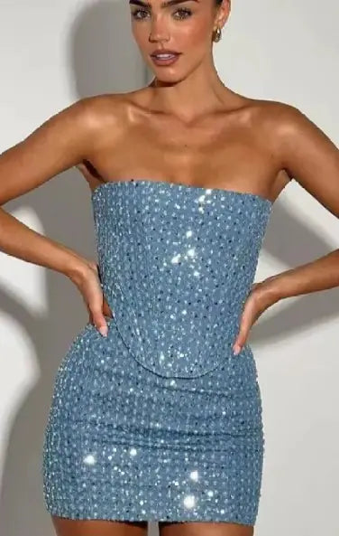 Denim Sequined Tube Top Pants Suit