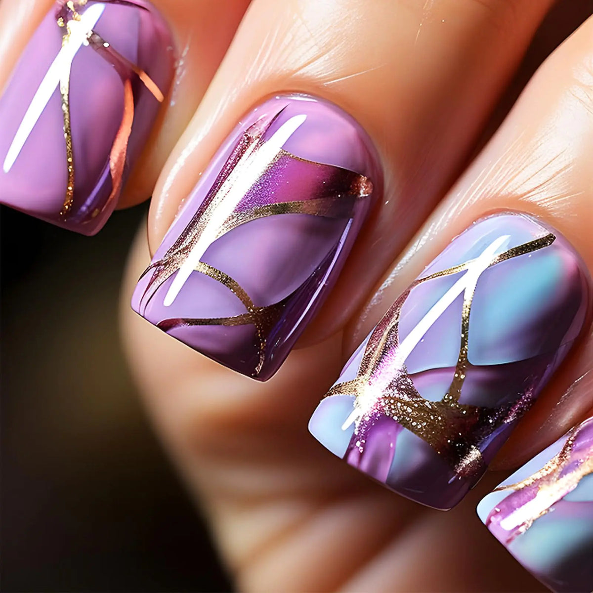 24Pcs Short Square Press on Nails for Manicure Art with Gold Curve Design Glossy Blue Gradient Acrylic False Nails Gel Glue on Nails Purple Ombre Full Cover Fake Nails Stick on Nails for Women Girls