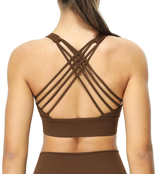 icyzone Sports Bras for Women - Activewear Strappy Padded Workout Yoga Tops Bra (Chestnut Brown XL)