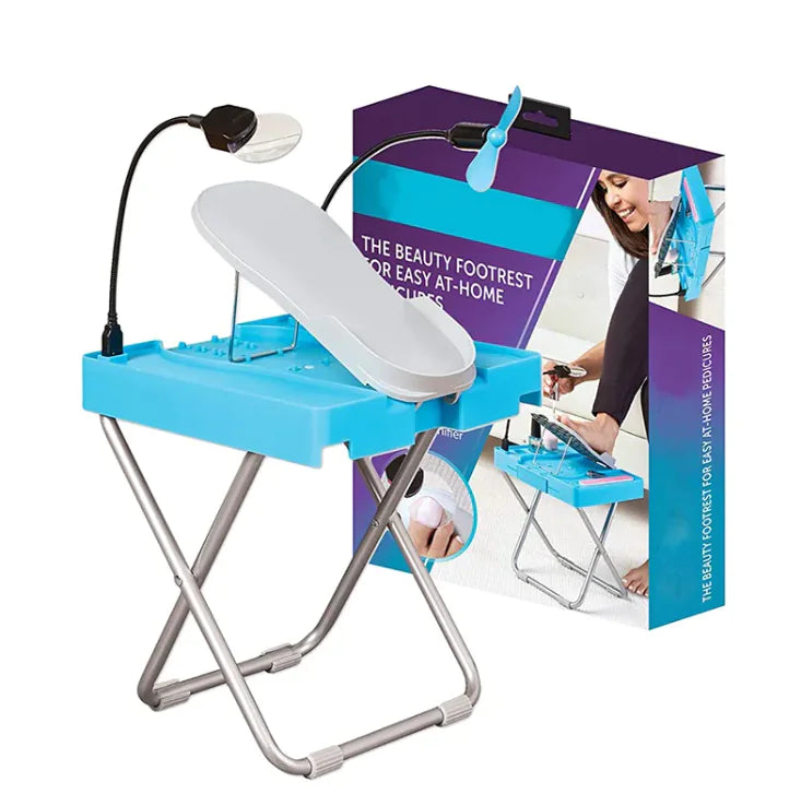 Adjustable Home Nail Pedal Stand with LED Lamp & Fan for Manicure & Pedicure (Blue)
