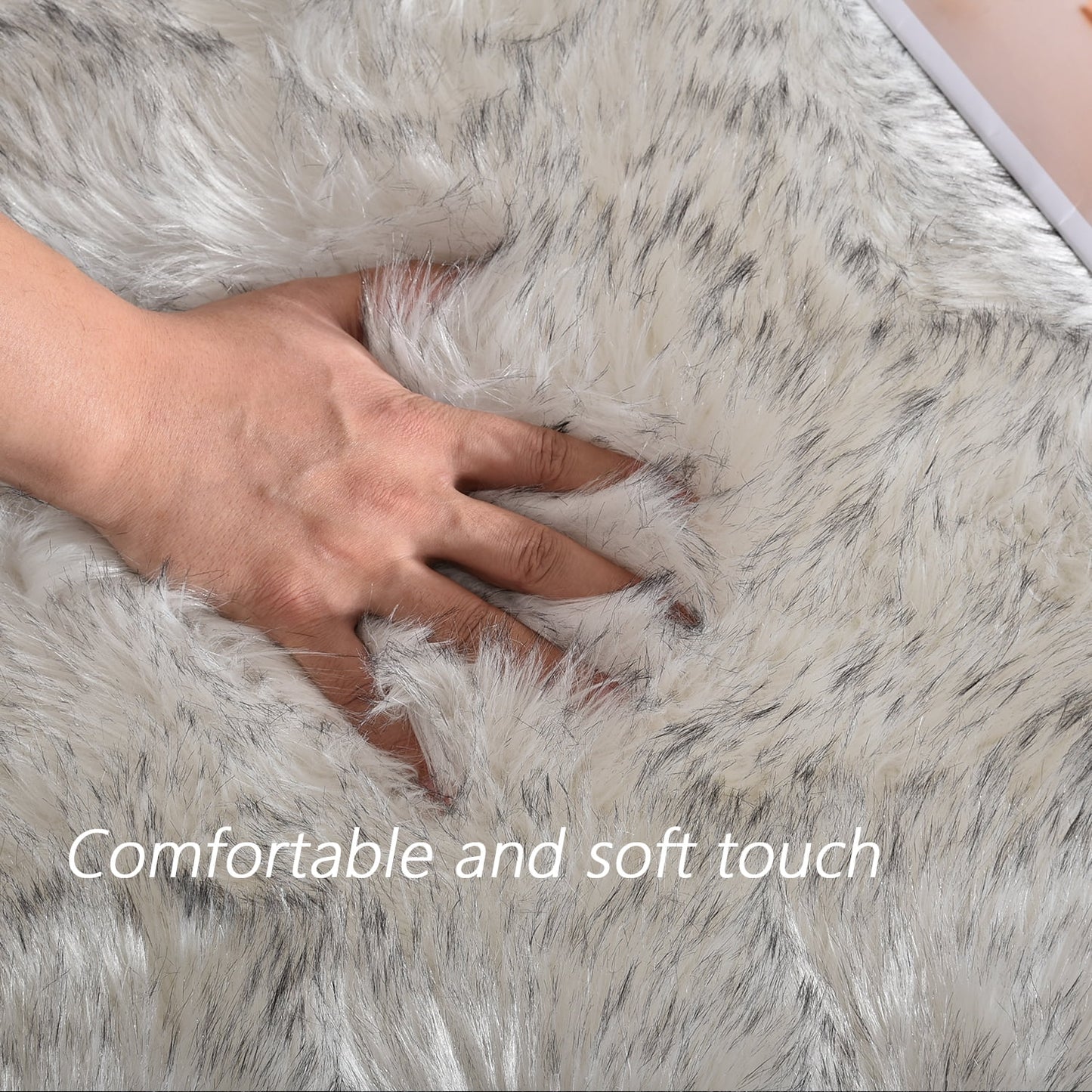 Large Circle Area Rugs for Living Room round Rug 8Ft Fluffy Bedroom Rug White with Grey Tips Shaggy Rug Washable Shag Rug Faux Fur Rug Fuzzy Rug for Floor Plush Rug
