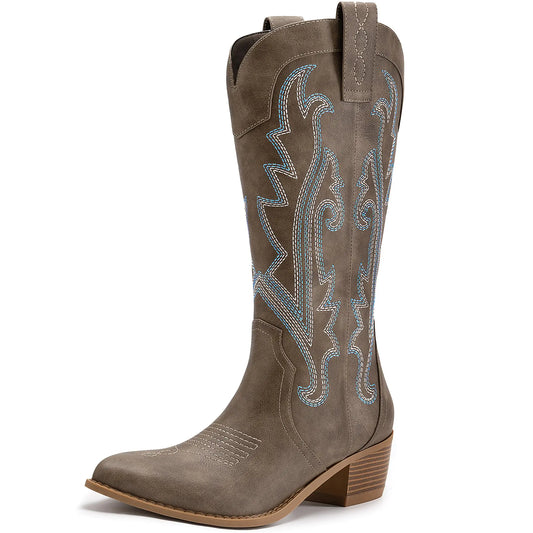 Athlefit Cowboy Boots for Women Western Cowgirl Boots Fashion Embroidered Pointed Toe Chunky Heel Black Mid Calf Boots Size 10