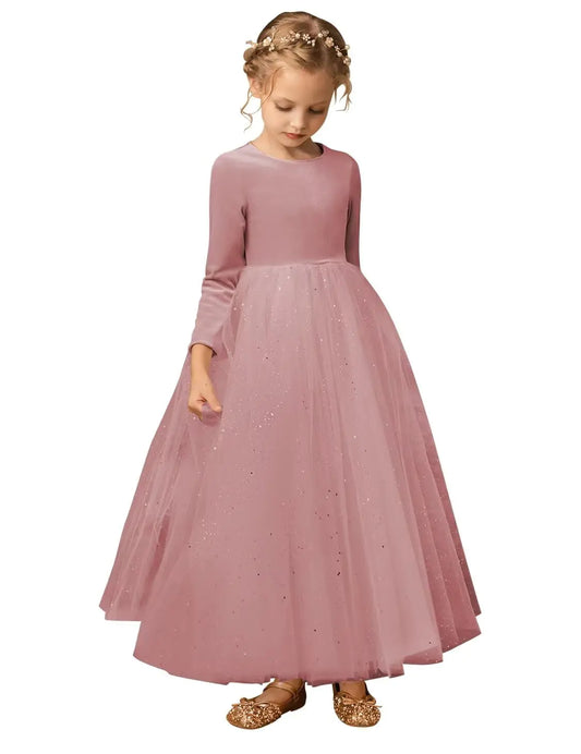 JISISANG Dusty Rose Velvet Tulle Wedding Bridesmaid Party Dresses A-line Long Sleeve Pageant Flower Girl Dresses Christmas Holiday Dresses for Girls Dusty Rose Size 08
