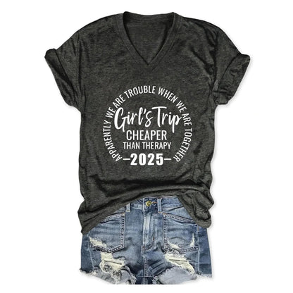 Girls Trip T Shirts for Women 2025 Funny Graphic V Neck Tshirt Casual Short Sleeve Tees Tops Soft Cotton T-Shirts Dark Grey S