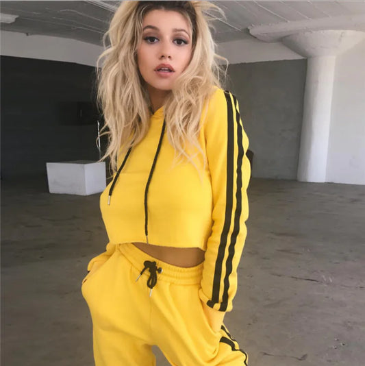 Fashionable Yellow Hooded Long Sleeve Tracksuit