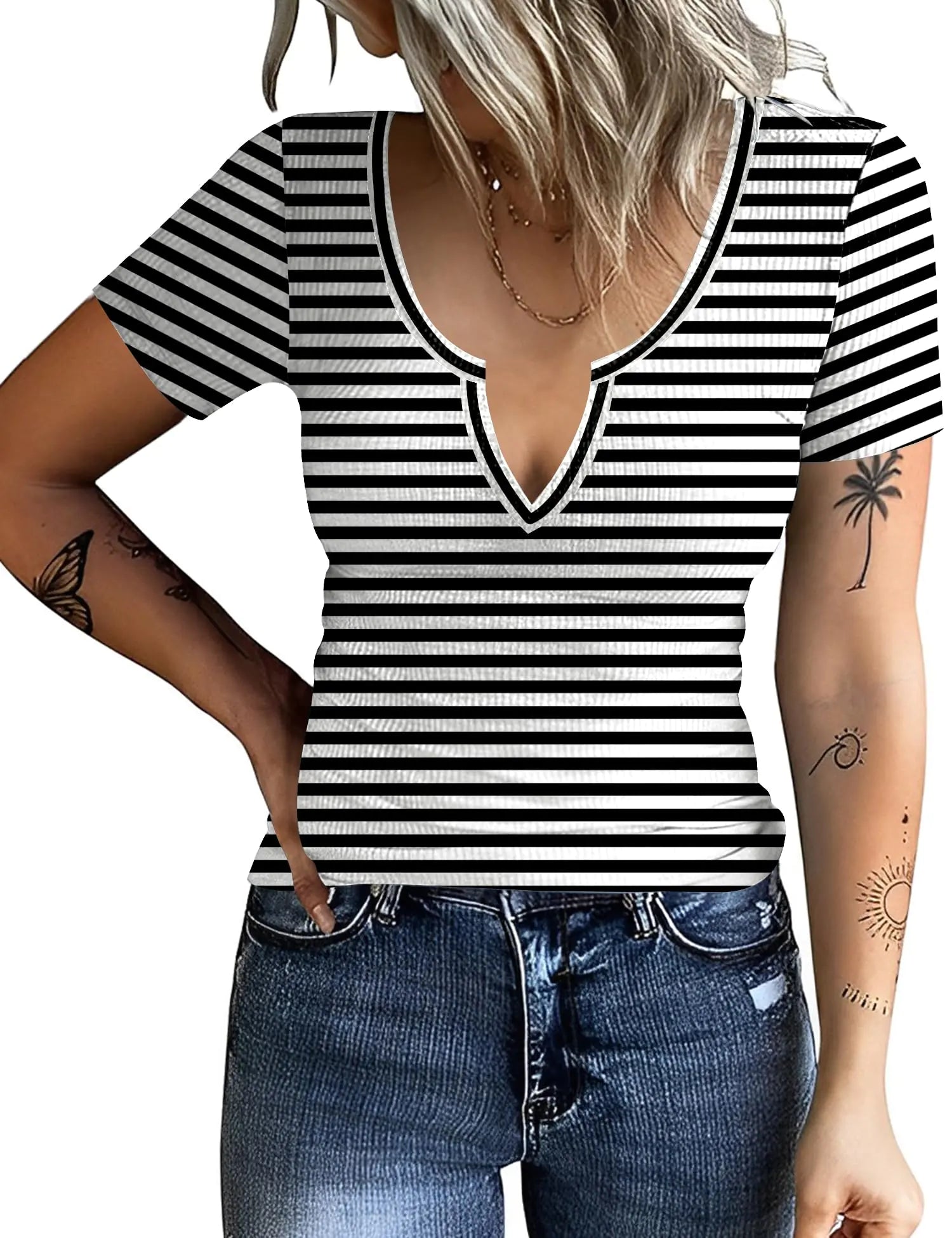 AKEWEI Striped Tshirt Women Black and White Summer Tops for Women 2024 Trendy Short Sleeve Shirts for Women V Neck Cute Tops Ribbed