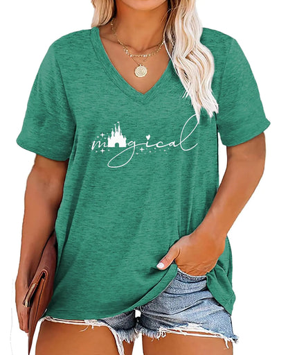 Plus Size Magical Shirts Women Magic Castle V Neck T Shirts Short Sleeve Tshirts Summer Tops 5X Coral Green