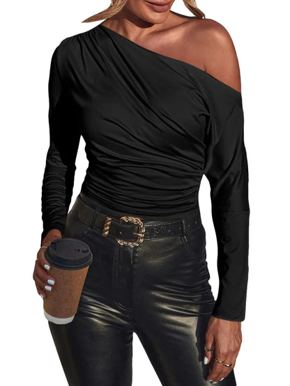 SOLY HUX Womens Off The Shoulder Ruched Long Sleeve T Shirts Casual Slim Fit Tee Tops Plain Black M-1