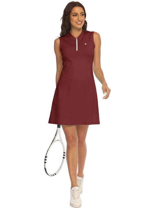 BGOWATU Womens Tennis Dress Sleeveless Golf Polo Dress Lightweight Sports Activewear Dress Zip Up Wine Red L