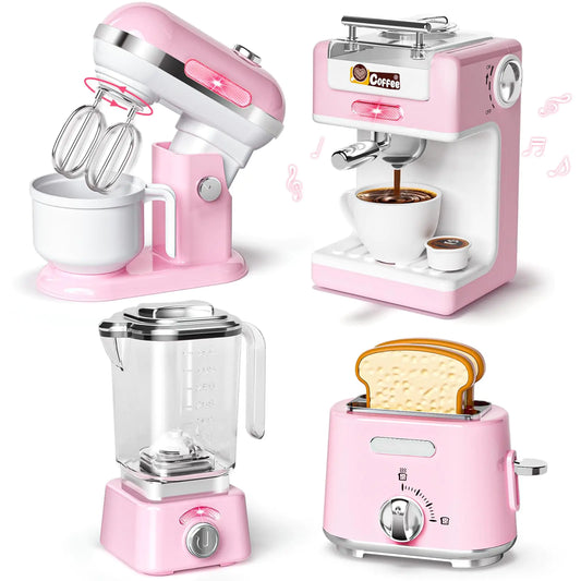 B Bascolor Pretend Play Kitchen Appliances Toy Set with Realistic Coffee Maker Machine Toaster Mixer and Blender Kids Kitchen Playset with Sound & Light for Kids Age 3–5 4-8