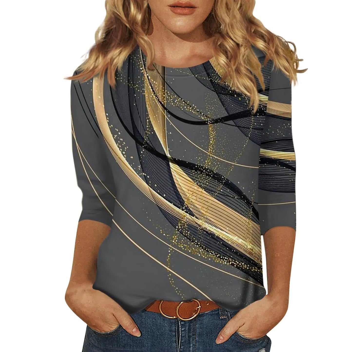Summer Tops for Women 2024 Trendy Graphic Elbow Length Tops 3/4 Sleeve Dressy Casual Blouses Ladies Round Neck Plus Size Tshirts Shirts Spring Fashion Clothing Deals of The Day(Bd Gray4X-Large)