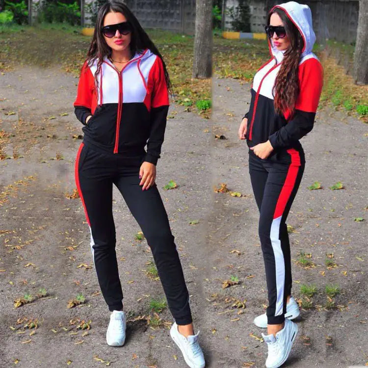 2020 Women's Color Block Hooded Knit Tracksuit Set