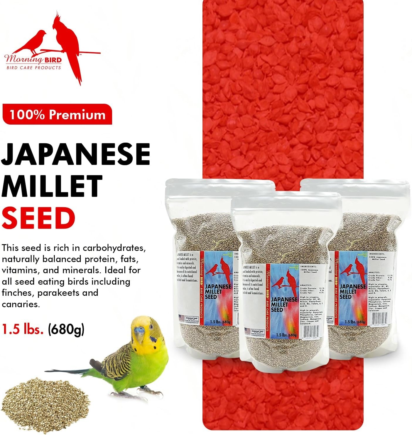 Japanese Millet Seed - Healthy & Nutritious Pet Bird Food to Support Health - Rich in Vitamins and Supplements – Ideal Bird Feed for All Seed Eating Birds 4.5 Lbs (3-Pack, 1.5 Lbs Each)