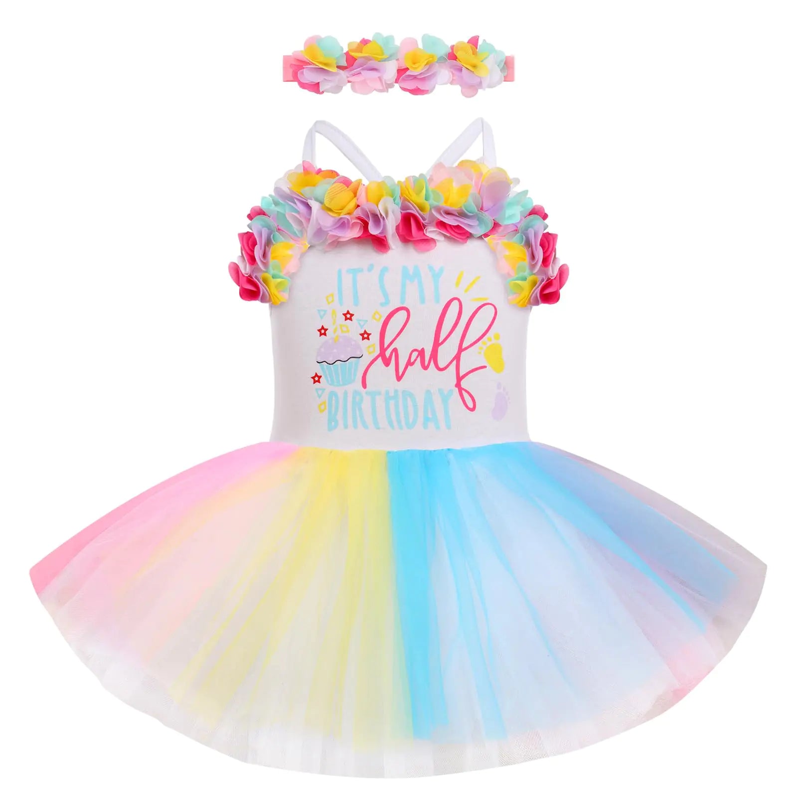 1/2 Birthday Girl Outfit Infant Half Way to One Party Dress Its My Half Birthday Outfits Girls Princess Tutu Rainbow Tulle Romper Dresses 6 Months Photoshooting Summer Casual Colorful 6-9 Months