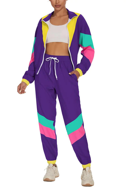 UOUA Womens Color Block 2 Piece 80s 90s Outfits Long Sleeve Windbreaker Jacket Tracksuit Set Purple S