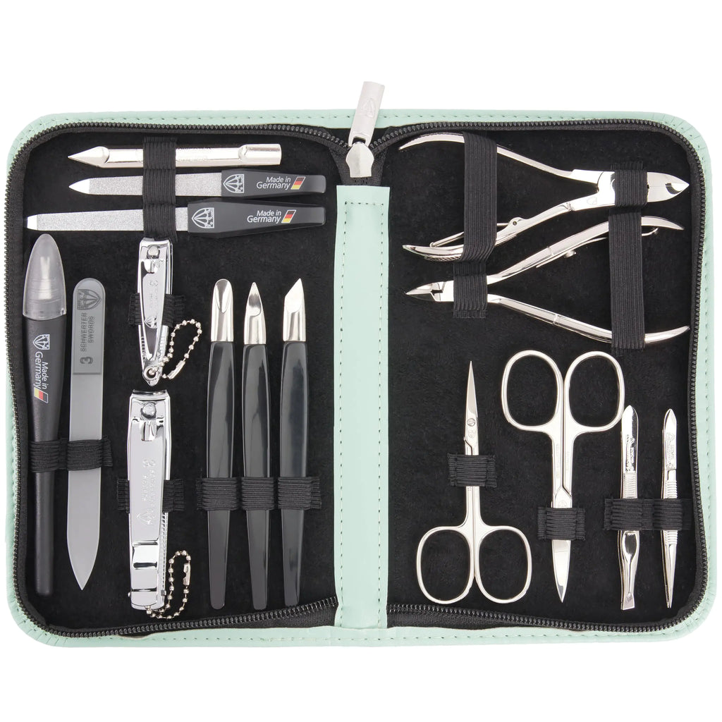3 Swords Germany - brand quality 16 piece manicure pedicure grooming kit set fashion leather case mint Made in Germany
