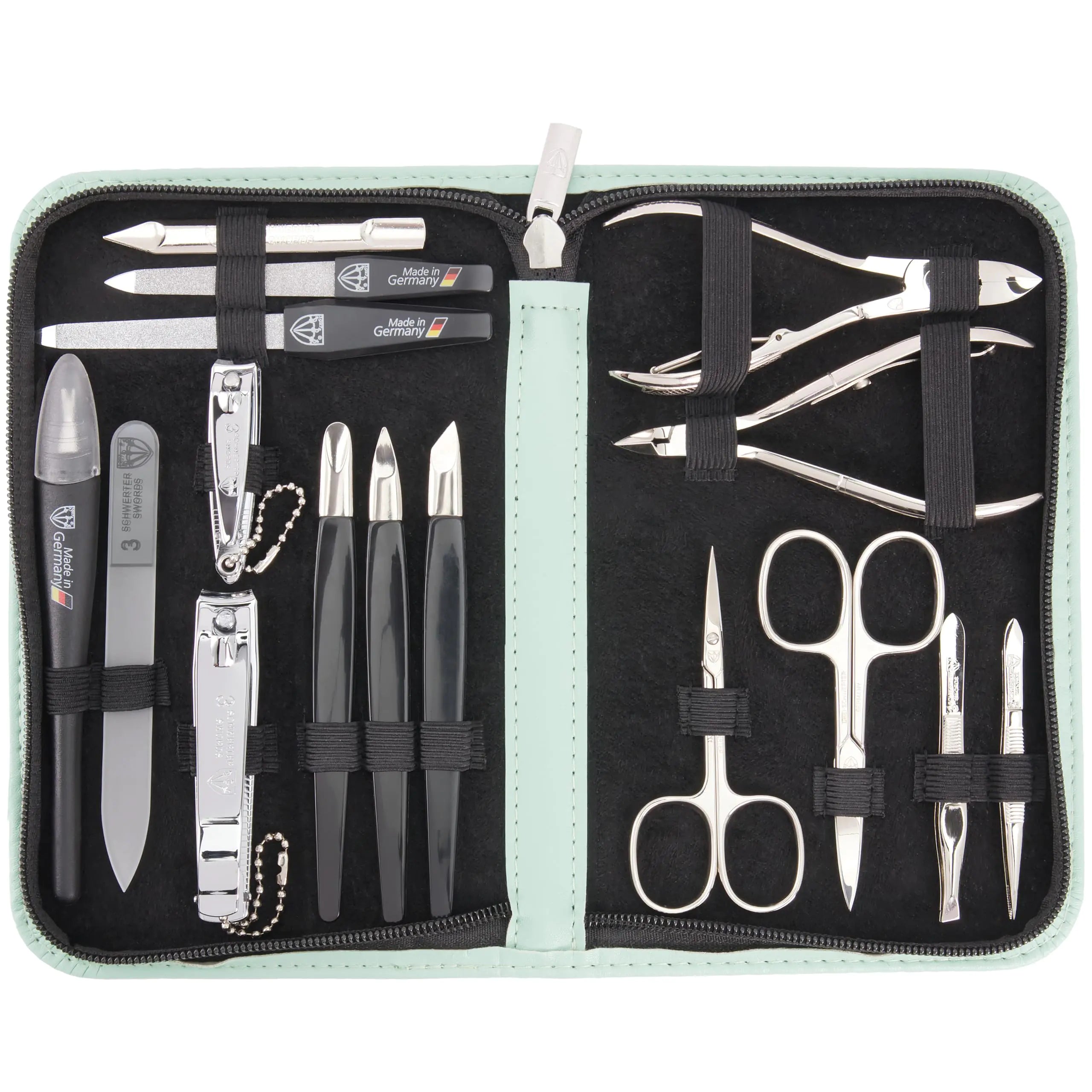 3 Swords Germany - brand quality 16 piece manicure pedicure grooming kit set fashion leather case mint Made in Germany