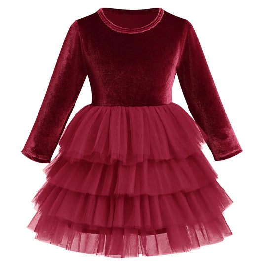 Toddler Girls Velvet Dress Long Sleeve Christmas Dresses for Baby Girls Burgundy Flower Girl Tutu Tulle Dress Fall Winter Fancy Party Twirl Dress Vestidos Elegantes para Ni?as Wine Red 5-6 Years