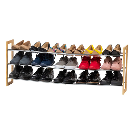 IRIS OHYAMA USA 3-Tier Shoe Rack for Entryway 15 Pairs Extendable Shoe Organizer for Closet Stackable Shoe Storage Organizer Wood and Metal Shoe Shelf