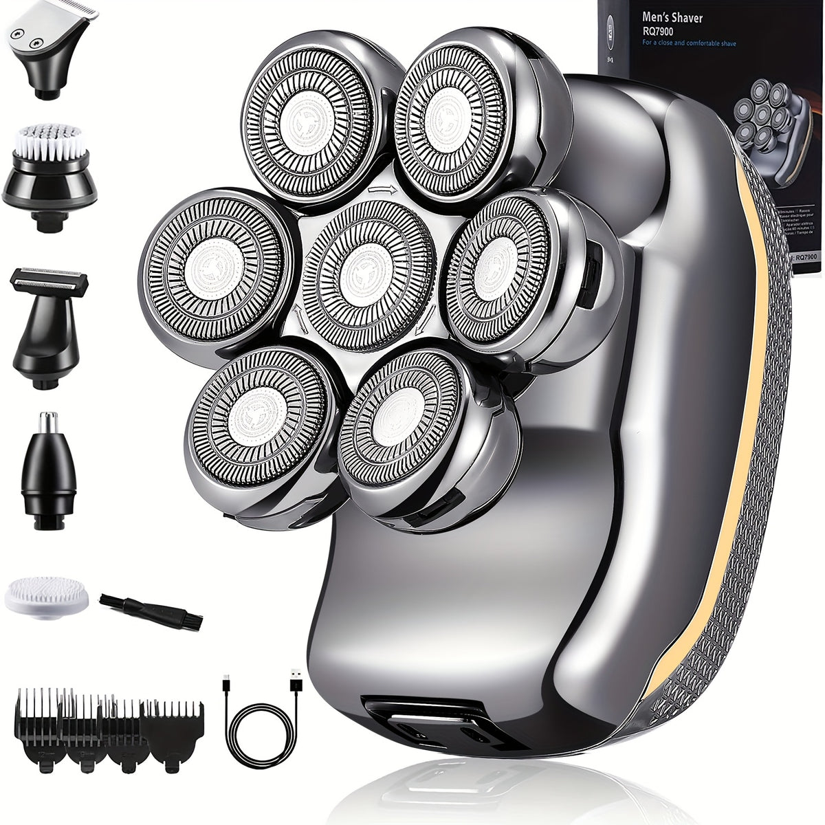 Men'S Electric Head Shaver Razor - Rechargeable Cordless Hair Shaving Razors for Bald Man 6in 1 Wet Dry Beard Trimmer Body Hair Cutting Clipper Grooming Kit 7 Rotary Heads (Gray), USB Charging, Lithium Battery, 6-in-1 Multi-F