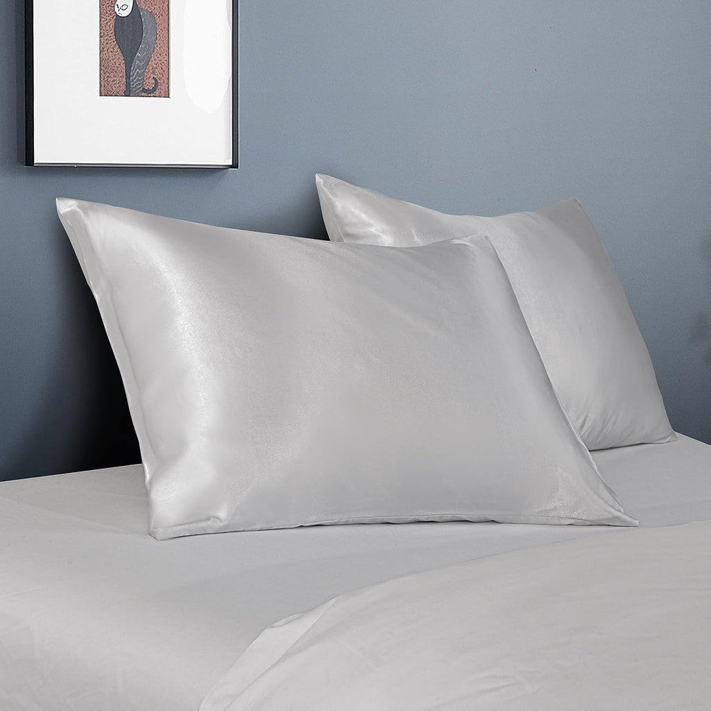 2 Pack Queen Silk Satin Pillowcases for Hair and Skin, Silky Soft and Luxurious Bedding Pillow Cases with Envelope Closure, 20X30 Inches, Silver Grey