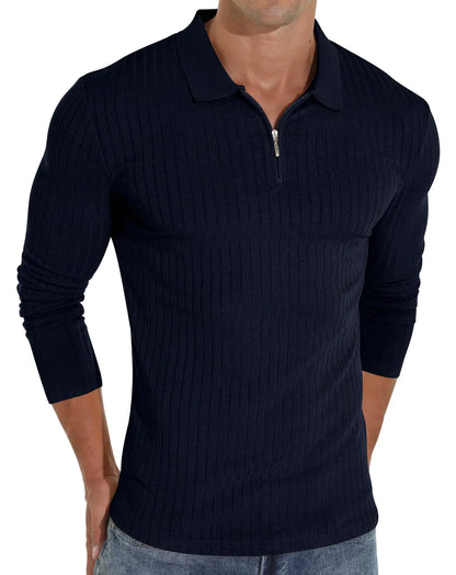 Askdeer Mens Polo Shirts Zip Slim Fit Polo T Shirt for Men Short Sleeve Casual Golf Shirt Navy Blue