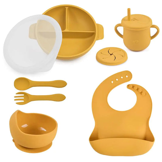 Generic Silicone Baby Feeding Set - Perfect silicone plates for baby and Toddler Plates with lid Baby Bowls with Suction Baby Utensils - Baby Led Weaning Supplies and Eating Essentials - (Yellow)