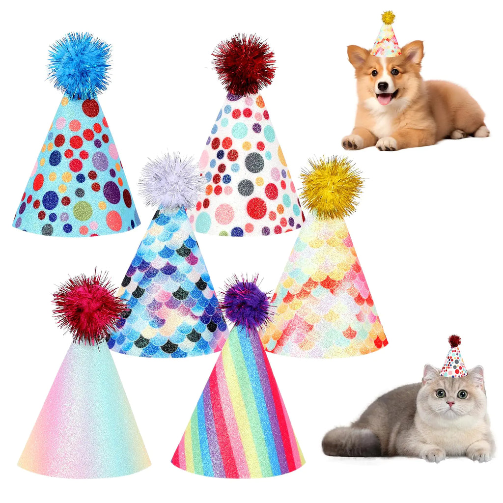 6 Packs Cat Birthday Hat Rainbow Dog Party Hats Dog Birthday Hats Mini Party Hats Cute Puppy Hats with Pompoms Adjustable Leather Headbands Birthday Hats for Kittens Dogs Pets Stuffed Animals