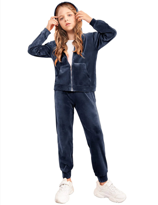 Arshiner Girls Winter Clothes Velour Tracksuit Sweatsuit Athletic Clothes Sets (11-12 Years Navy Blue)