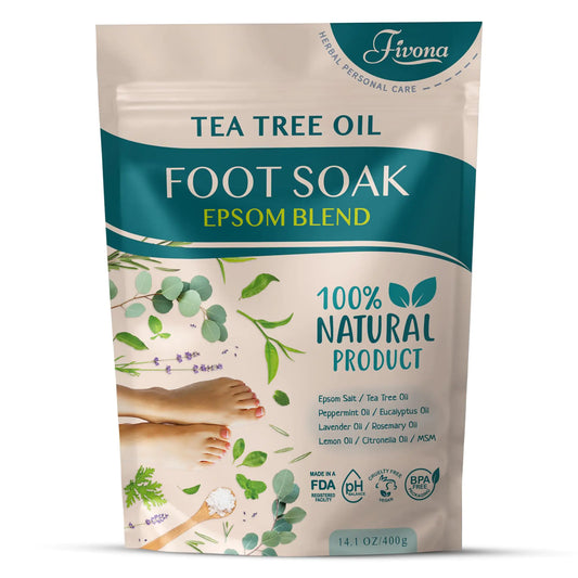 Fivona Tea Tree Foot Soak Blend 14.1 oz - Epsom Salt with Essential Oils for Healthy Toenails Soothing Relief Callus Softening - Pedicure Therapy for Soft Rejuvenated Feet