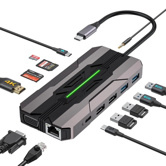 FORIDA USB C Laptop Docking Station 13 in 1 USB C Hub Multiport Adapter Dongle with 4K HDMI VGA PD Ethernet SD/TF 2*USB 3.0&USB 2.0 1*USB C Mic/Audio Suit for MacBook/Dell/HP/Lenovo Laptops
