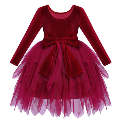 IDOPIP Toddler Baby Girls Velvet Tutu Dress Bowknot Tulle Ruffle Long Sleeve Princess Christmas Birthday Party Dresses Fall Winter Clothes Kids Vintage Holiday Pageant Dress Outfit Red 5-6 Years