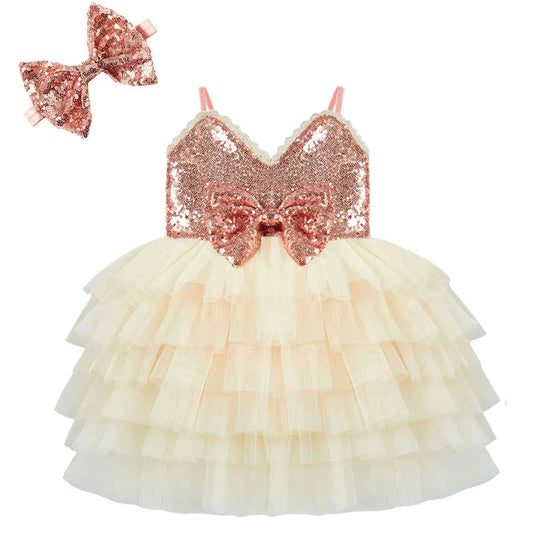 Cilucu Baby Flower Girls Dress Infant Sequin Tutu Dresses Kids Princess A-line Dress Kids First Birthday Party Dress Christmas Rose Gold Off White Size 6-12 Months