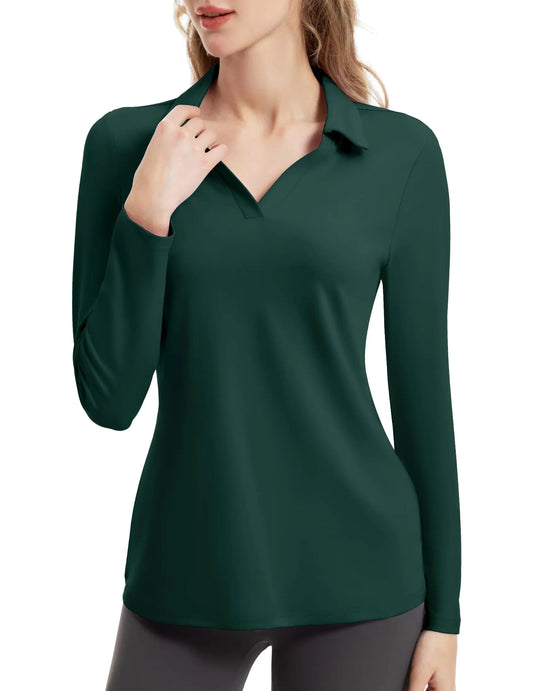 FKEEP Womens Tennis Golf Shirt Long Sleeved Top Sport Activewear V-Neck Workout Athletic (Aquamarine XL)