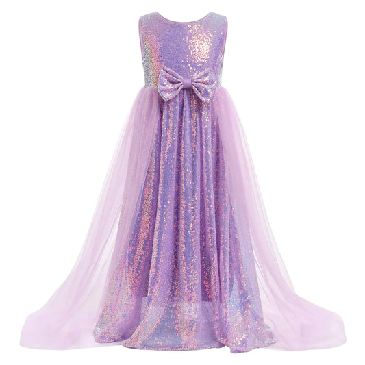 IBTOM CASTLE Sequin Dress for Girls: Toddler Flower Girls Tulle Dress Bowknot Pageant Birthday Wedding Party Sweet Junior Princess Dance Prom Ball Gown Floor Length Flare A-line Dresses Purple 6 Years