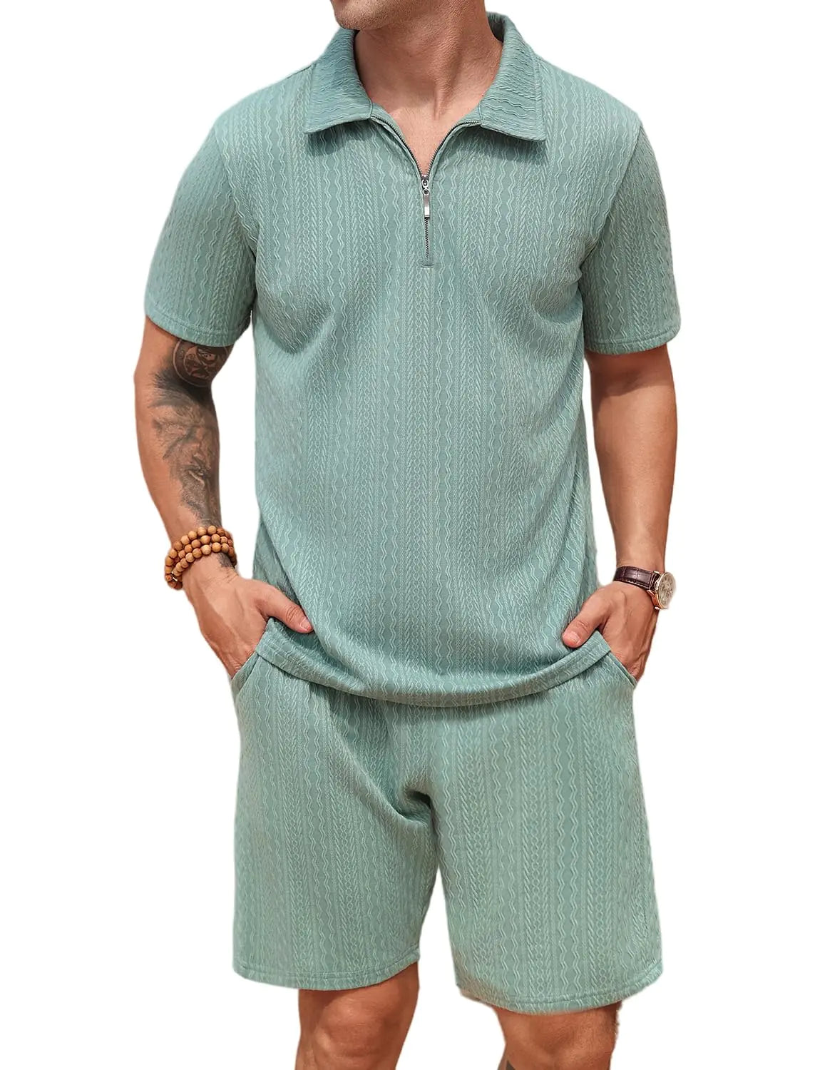 SPKPKEY Men 2 Piece Polo Shirt and Short Outfit Set Casual Tracksuit Green Medium