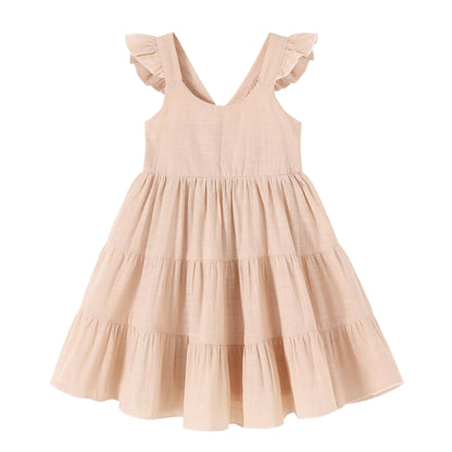 YOUNGER TREE Toddler Baby Girl Dress Summer Outfits Stripe Flutter Sleeve Smocked Dress Kids Causal Boho Dresses Clothes (6-7T Toddler Apricot Dress)