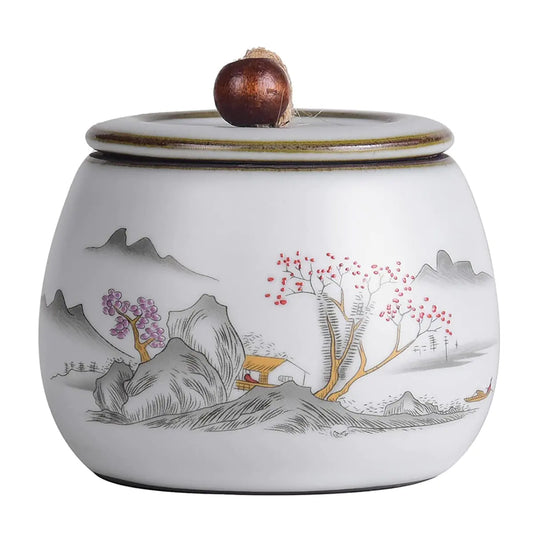 Bicuzat Chinese Style Ceramic Tea Caddy Tea Canister Tea Storage Container Tins Jar with Airtight Lid Wet-proof Tank for Tea Coffee Herb Sugar Spice Nuts-Mountain-6 OZ