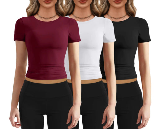 Besshopie 3 Pack Short Sleeve Shirts for Women Short Sleeve Crew Neck T Shirts Black White Rose Red L