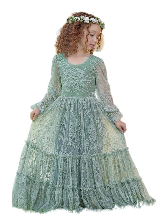 LalaMira Flower Girl Dress Lace Boho Toddler Dresses Ruffle Girl Dress for Wedding Garden Party Holiday Communion Long Sleeve Sage Green-6 Months