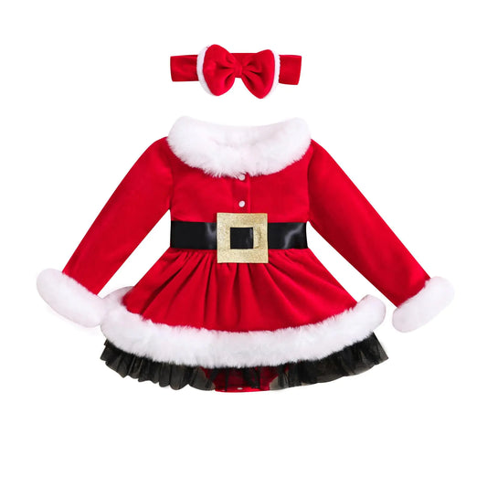 Shejingb Baby Girl Christmas Outfit Newborn Santa Claus Romper Dress Xmas Fleece Princess Dresses with Headband Outfits (Red Dress with Black Hem 3-6 Months)