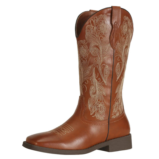 Js.o.l.e Womens Floral Embroidered Cowboy Boots Square Toe Fashion Western Cowgirl Boots Brown Size 10