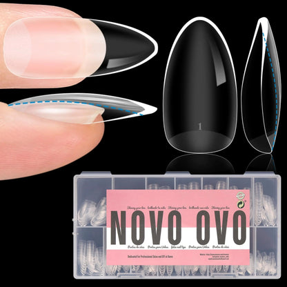 NOVO OVO Extra Thick Almond Nail Tips Press on Natural Curve Medium Soak Off Soft Gel Fake Nail Extension Full Cover Matte Cuticle False Nails for Acrylic French Salon DIY x 14 Sizes 336 pcs