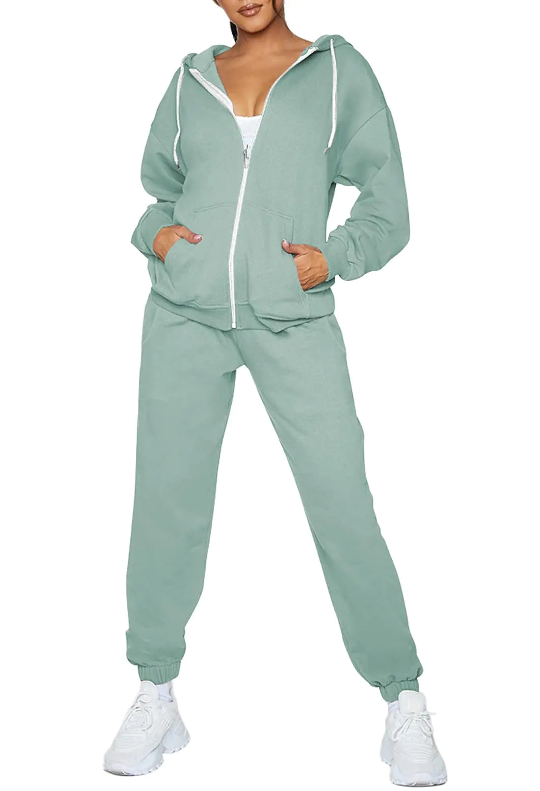 Fixmatti Women 2 Piece Sweatsuit Outfits Zipper Up Hooded Sweatshirt Jogger Set Tracksuit Pockets Green L