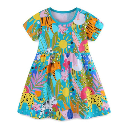 warmstraw Cartoon Summer Dress Sleeveless Skater Dress for School Party A-Line Causal Dresses for Little Girls Forest Animal 5-6 Years