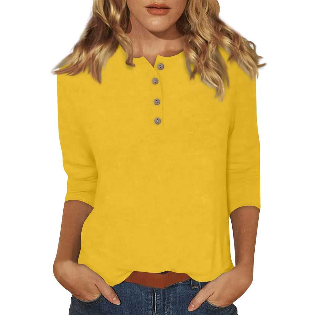 3/4 Sleeve T Shirts for Women Henley Loose Cute Summer Tops Layer Button Three Quarter Length Shirts Womens Blouses 3/4 Sleeve Tops for Women Womens T-Shirts 2024 Yellow Large