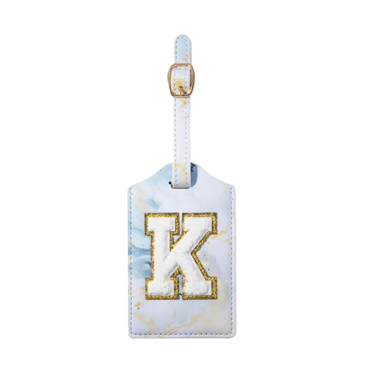 Initial Luggage Tag PU Leather Baggage Tag Monogrammed Luggage Tag Letter Travel Tag Bag Tag ID Tag Travel Accessory Luggage Identifier (Blue Marble Leather+White Letter K Letter)