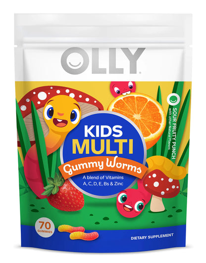 OLLY Kids Multivitamin Gummy Worms Overall Health and Immune Support Vitamins and Minerals A C D E Bs and Zinc Chewable Supplement Sour Fruit Punch 45 Day Supply - 70 Count